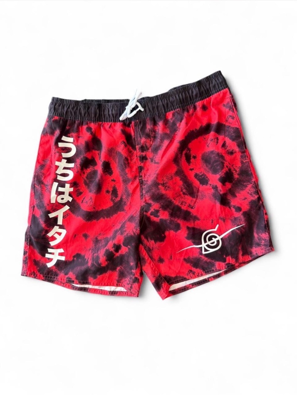 Hot Topic Naruto Red and Black Tie-Dye Swim Trunks with White Script